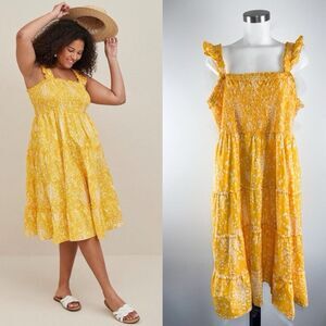 TORRID Sz 4X Yellow Leopard  Floral Print Smocked MIDI Dress Tiered Poplin